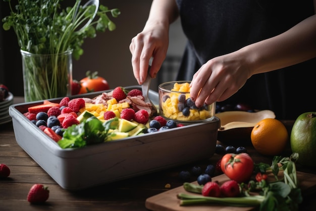 Pessoa embalando lancheira com frutas e vegetais frescos criados com IA generativa