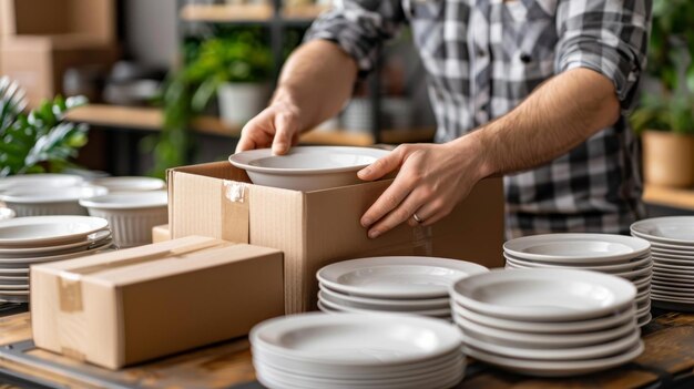 Pessoa embalando pratos e utensílios de mesa frágeis em papel e colocando em caixa de cartão Homem desembalando um pacote de pratos de cerâmica Ilustração moderna plana branca Homem e pacote
