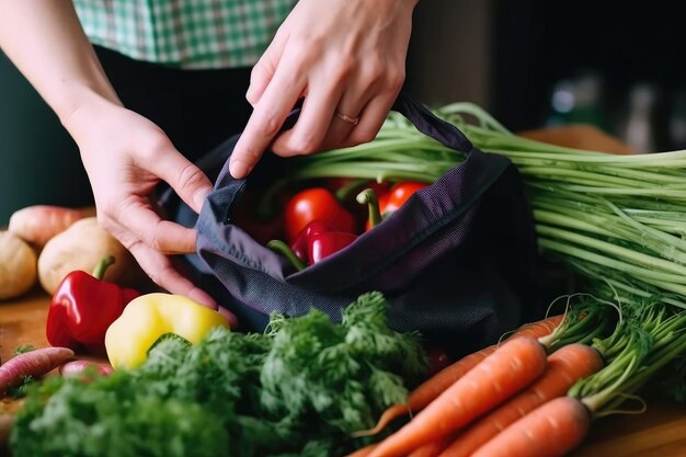 Pessoa enchendo saco reutilizável com vegetais e frutas do mercado de agricultores criado com IA generativa