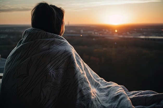 Pessoa enrolada em cobertor macio e travesseiro com vista para o pôr do sol ao fundo criado com ai generativa