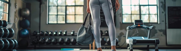 Pessoa entrando em um ginásio moderno com uma bolsa de esportes elegante