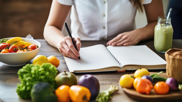 Foto pessoa escrevendo em um caderno cercada por uma variedade de frutas e vegetais coloridos planejando uma dieta saudável