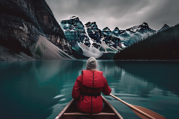 Pessoa está praticando canoagem em um lago com IA generativa de montanhas