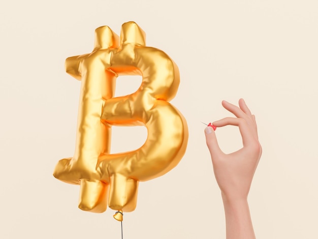 Pessoa estourando balão de bitcoin com alfinete