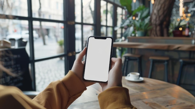 Pessoa exibindo smartphone com tela em branco em um cenário de café
