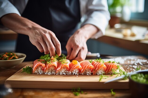 Foto pessoa fazendo delicioso sushi caseiro na cozinha