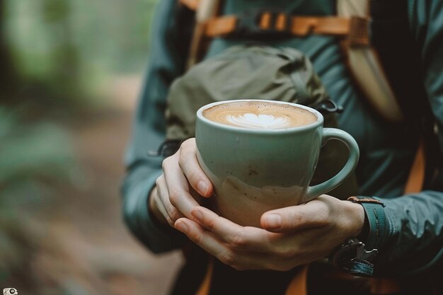 Pessoa fazendo uma pausa com café enquanto faz uma caminhada