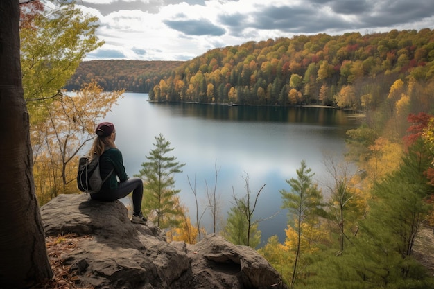 Pessoa fazendo uma pausa na trilha e apreciando a vista de um lago criado com IA generativa