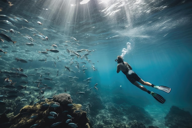 Foto pessoa flutuando entre cardumes de peixes em mergulho e snorkel criado com ia generativa