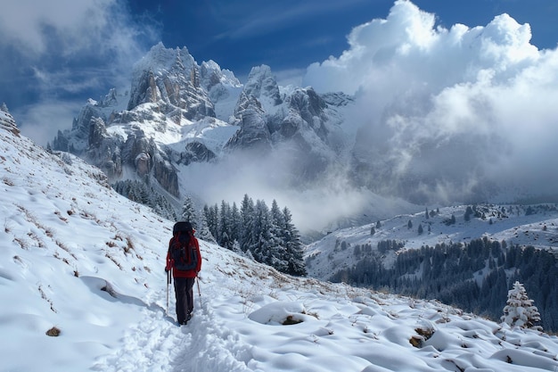 Foto pessoa fria caminhando na neve perto de san pellegrino pass dolomites trentinoalto adige itália