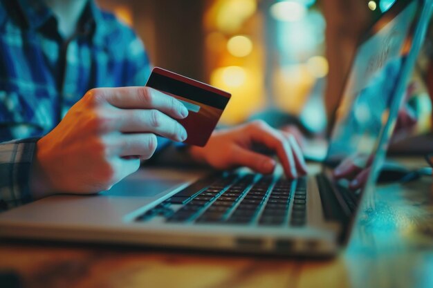 Foto pessoa generativa de ia usando laptop para compras on-line em casa segurando cartão de crédito conceito de compras on-linex9xa