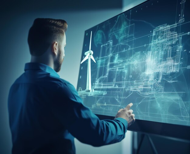 pessoa gerenciando turbina eólica por meio de mapa holográfico ai gerou tecnologia futura