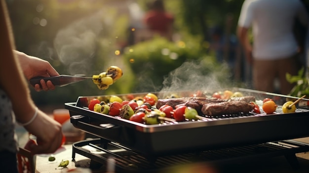 Pessoa grelhando carne e legumes em uma grelha