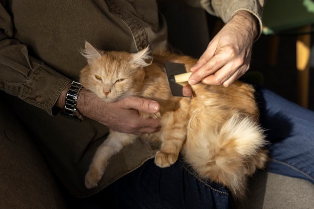 Foto pessoa idosa com gato de estimação