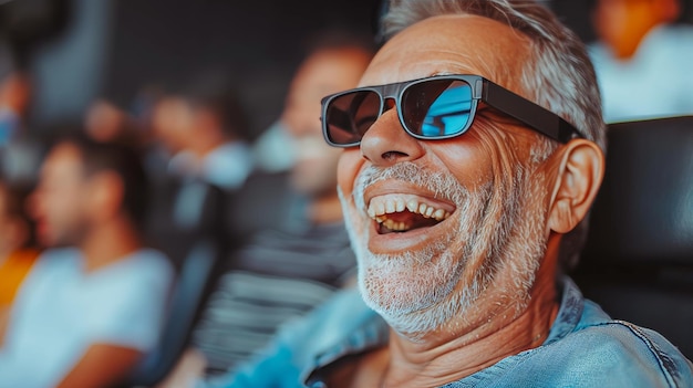 Foto pessoa idosa desfrutando de um filme 3d no cinema com expressão sorridente público borrado em segundo plano