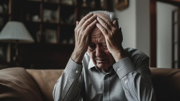 Foto pessoa idosa que sofre de alzheimer segurando a cabeça na sala de estar