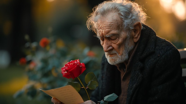 Pessoa idosa segurando uma rosa vermelha e lendo uma carta em um belo jardim ao pôr do sol