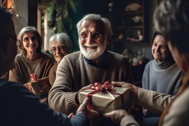 Pessoa idosa sorridente recebe um presente de aniversário generativo ai