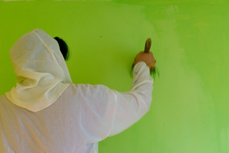 Foto pessoa irreconhecível segurando um pincel e pintando a parede com cor cinza