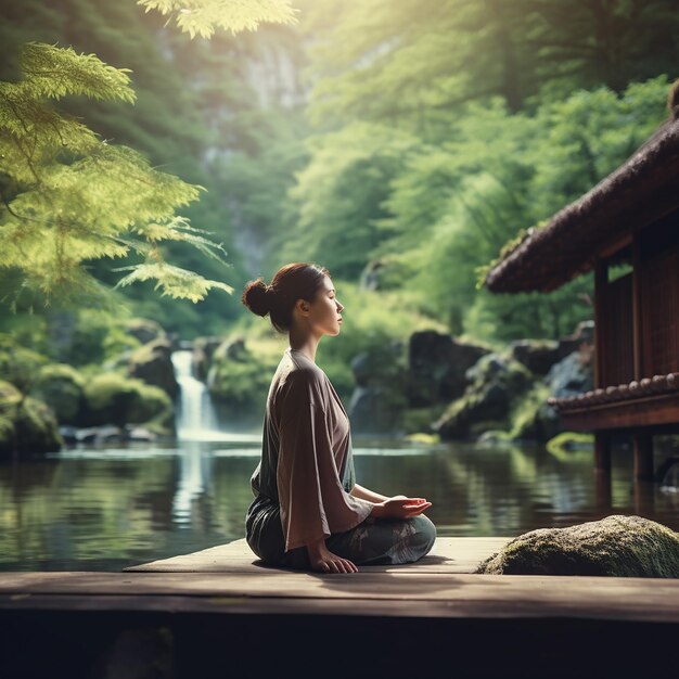 Foto pessoa japonesa praticando meditação de ioga