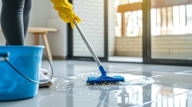Pessoa limpando chão brilhante com esfregão e balde sala brilhante tarefas domésticas diárias conceito limpeza doméstica impecável rotina doméstica eficiente e fácil AI