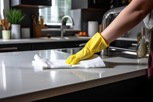 Pessoa limpando o balcão da cozinha com lenços desinfetantes criados com IA generativa