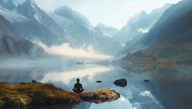 Pessoa meditando junto ao Lago Alpino em Misty Mountains cercada por montanhas cobertas de névoa encontrando View