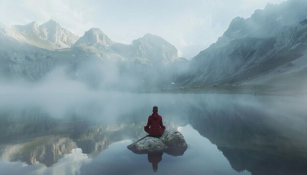 Pessoa meditando junto ao Lago Alpino em Misty Mountains cercada por montanhas cobertas de névoa encontrando View