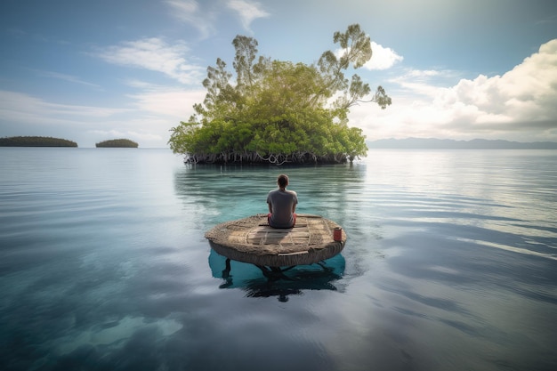 Pessoa meditando na serena ilha flutuante com vista para águas tranquilas criadas com ai generativa