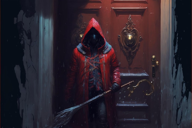 Foto pessoa misteriosa sob uma jaqueta vermelha segura um machado na frente da porta ilustração de estilo de arte digital pintura conceito de fantasia de uma pessoa misteriosa em uma jaqueta vermelha