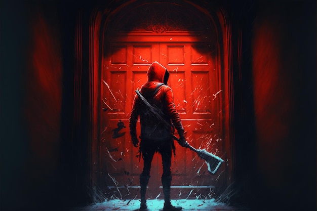 Pessoa misteriosa sob uma jaqueta vermelha segura um machado na frente da porta ilustração de estilo de arte digital pintura conceito de fantasia de uma pessoa misteriosa em uma jaqueta vermelha