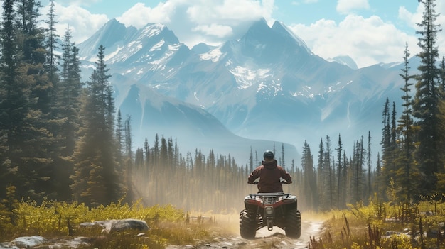 Pessoa montando um ATV em uma floresta com cenário de montanha cênica