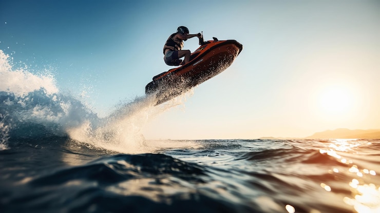 Foto pessoa montando um jet ski e fazendo um salto alto sobre as ondas do oceano ao pôr-do-sol criando um dramático salto de água contra o céu claro