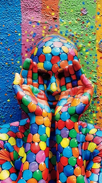 pessoa mostrando seus pontos coloridos arte de parede em cor no estilo do minimalismo conceitual