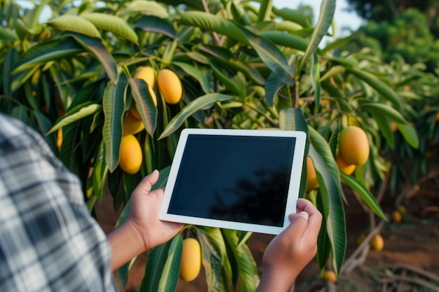 Foto pessoa mostrando um tablet digital na frente de mangueiras