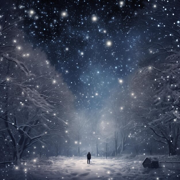 Pessoa na floresta de inverno à noite com neve caindo e flocos de neve caindo