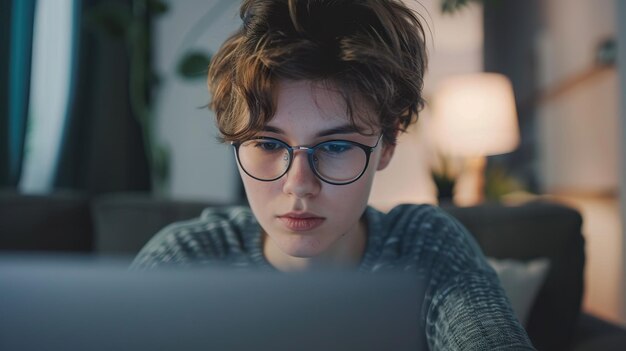 Pessoa não binária usando laptop com expressão séria parecendo natural