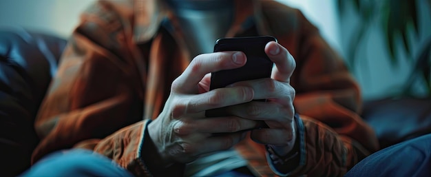 Pessoa no sofá gesticulando com o polegar no telefone perto de uma parte de carro de madeira