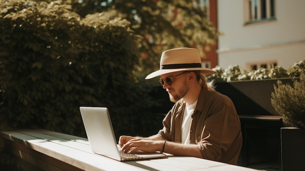 Pessoa nórdica trabalhando em um laptop ao ar livre sob o sol Generative AI