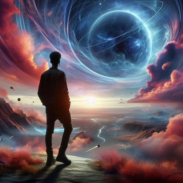 Foto pessoa olhando para o céu futurista místico de outro mundo