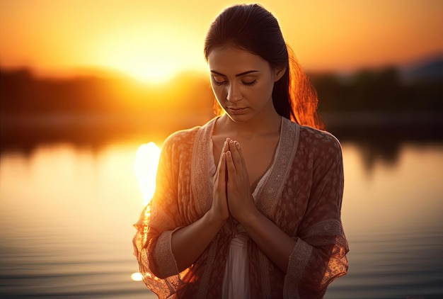 pessoa orando com as mãos para baixo na frente do pôr-do-sol no estilo da iconografia religiosa