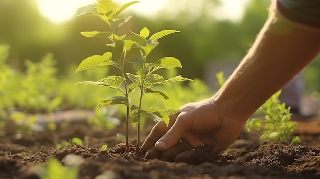 Pessoa plantando árvores em uma horta comunitária IA generativa