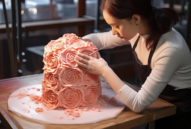 pessoa preparando bolo de rosa branca no café ou restaurante na mesa no estilo de laranja