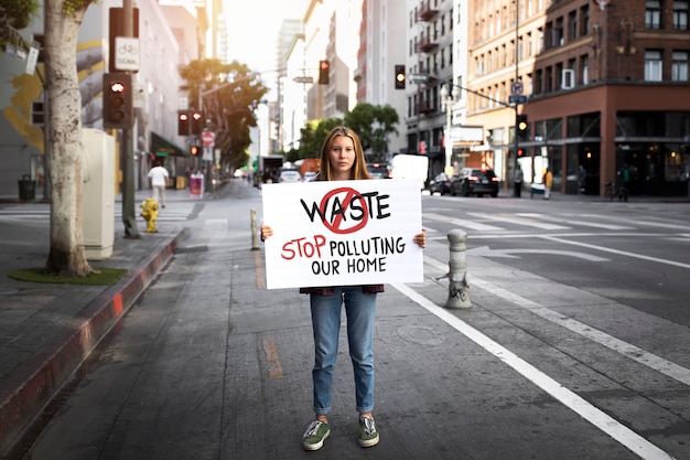 Foto pessoa protestando com cartaz na cidade para o dia mundial do meio ambiente