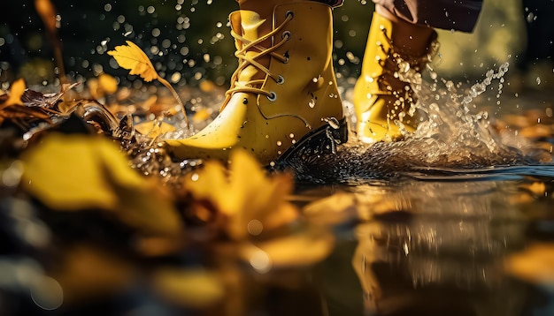 Foto pessoa pulando em uma poça de lama em um dia chuvoso de outono em botas de chuva