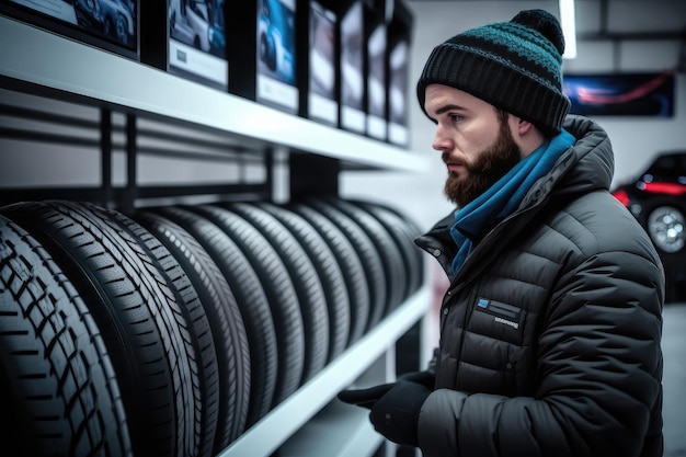 Pessoa que escolhe os melhores pneus de inverno para seu carro na loja de pneus