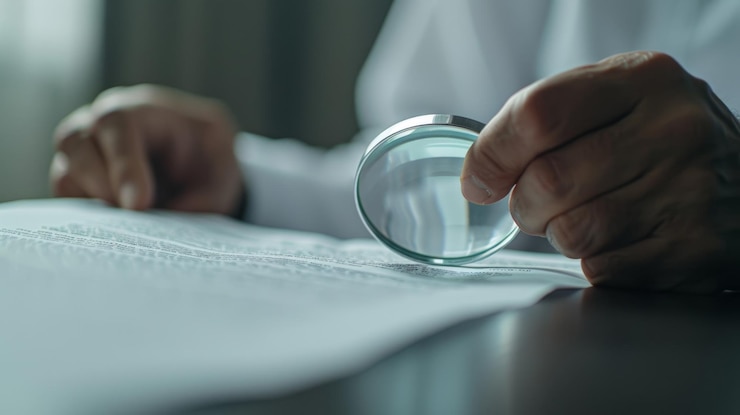 Foto pessoa que examina o documento com uma lupa