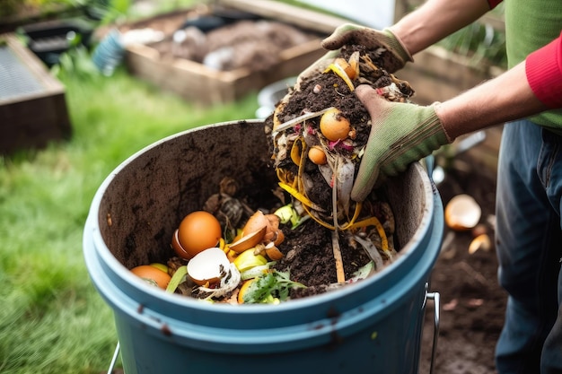 Pessoa que faz compostagem de resíduos alimentares em jardim de quintal criado com IA generativa