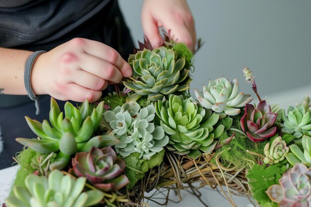 Pessoa que fixa suculentas a uma base de coroa de plantas vivas