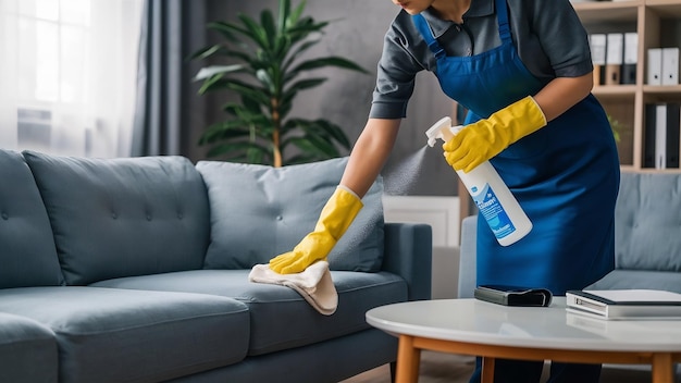 Foto pessoa que limpa a sala a equipe de limpeza está usando pano e pulverizando desinfetante para limpar os sofás